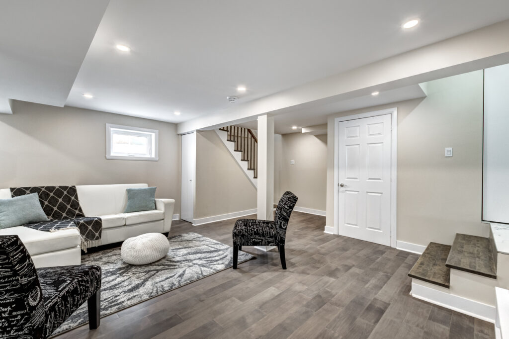 A big, bright, finished and remodeled basement. 
